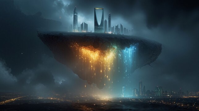 Futuristic Riyadh Skyline with Kingdom Centre on Floating Island, Saudi Vision 2030 Smart City Concept, Advanced Arabian Innovation and Sci Fi Urban Landscape