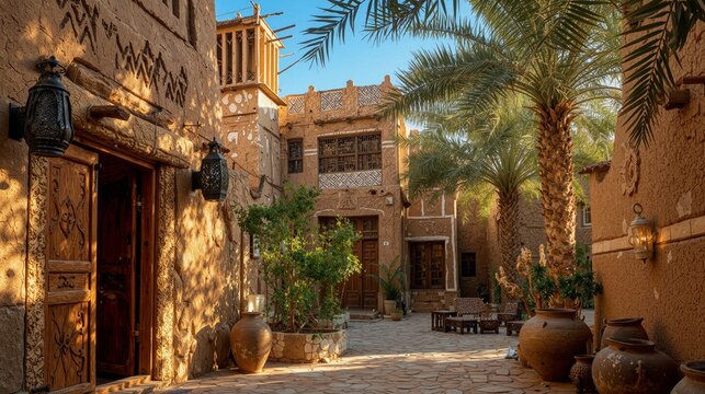 Traditional Gulf Heritage Courtyard with Authentic Arabian Mudbrick Houses, Palm Trees, Historic Desert Architecture and Cultural Village Lifestyle