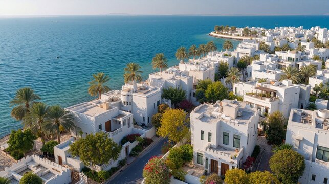 Luxury Gulf Waterfront Villas with White Architecture, Palm Trees and Turquoise Sea, Exclusive Arabian Coastal Community and Premium Island Lifestyle