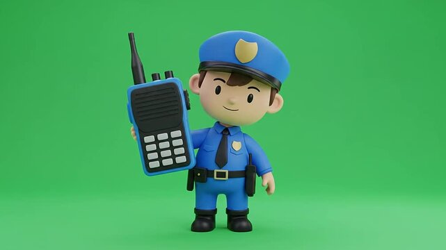 Cute 3D cartoon boy dressed as a police officer holding a walkie-talkie.