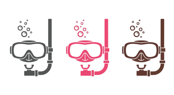 Three snorkel divers with masks exploring the water in different colors.