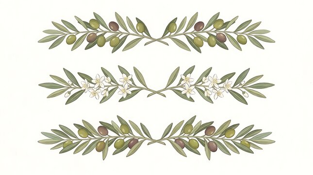 Olive branches with green leaves and olives and white flowers floral