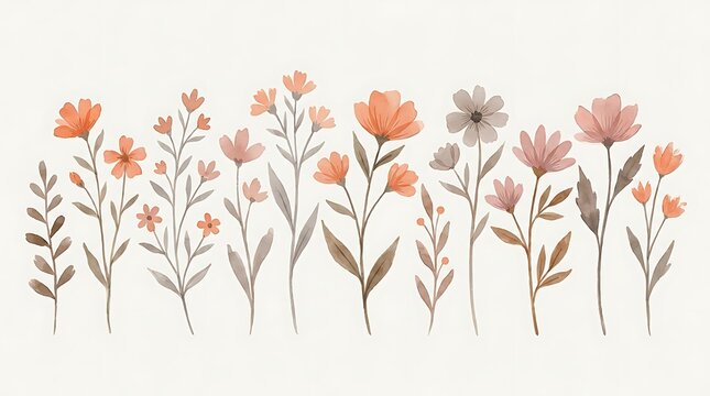 Peach pink and gray flowers on brown stems with leaves on white background