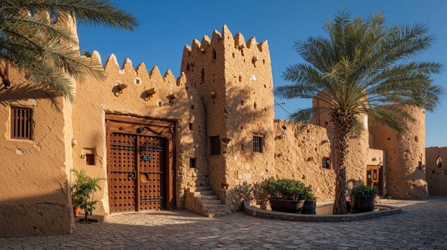 Traditional Gulf Mudbrick Fortress with Palm Trees, Authentic Arabian Heritage Architecture, Historic Desert Courtyard and Cultural Landmark