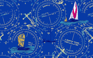Overhead view of nautical navigation tools and vintage maps on blue background © Wolfworker