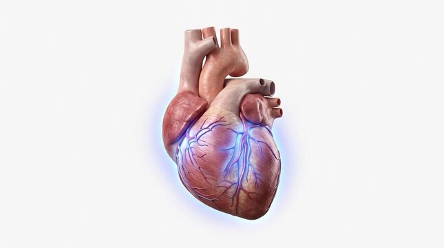 Human heart model with glowing circulatory system highlight