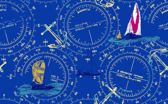 Overhead view of nautical navigation tools and vintage maps on blue background