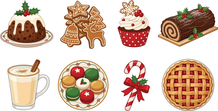 Christmas desserts and holiday treats vector illustration set featuring pudding, gingerbread cookies, cupcake, yule log, and pie