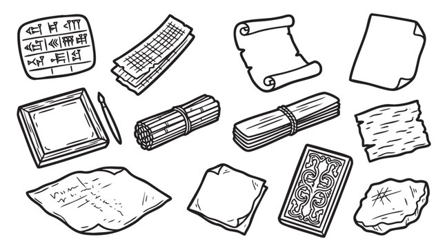 Collection of ancient writing materials and historical documents including cuneiform tablet and papyrus scrolls.