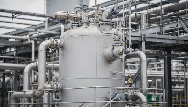 Medium shot of an insulated ammonium nitrate neutralizer vessel showing pipe connections and safety valves in an industrial chemical plant environment.
