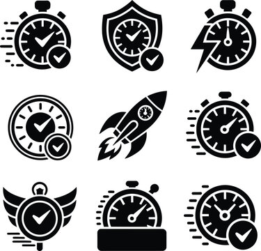 Quick Time Icon Set for Time Management, Stopwatch, Speed and Efficiency, Fast Delivery Icon, Rapid Service, Productivity, Countdown, Timer, Business Performance, Minimal Vector Silhouette Icons Colle