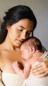A young mother tenderly cradles her sleeping newborn in a moment of pure, quiet affection. The infant rests peacefully against her chest, wrapped in a soft swaddle. Intimate portrait of profound bond