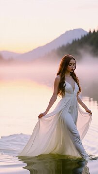 Beautiful woman in flowing white gown wades through a misty lake at dawn. A graceful swan glides nearby as golden sunlight filters through the mountain fog. Ethereal romantic scene of pure tranquility