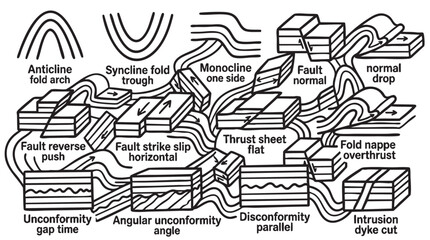 Obraz premium Detailed geological fault and fold types diagrams illustrating different earth formations and rock movements.
