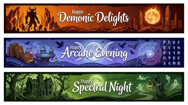 A vector illustration of demonic delights on a spectral night with arcane evening themes and magical creatures.