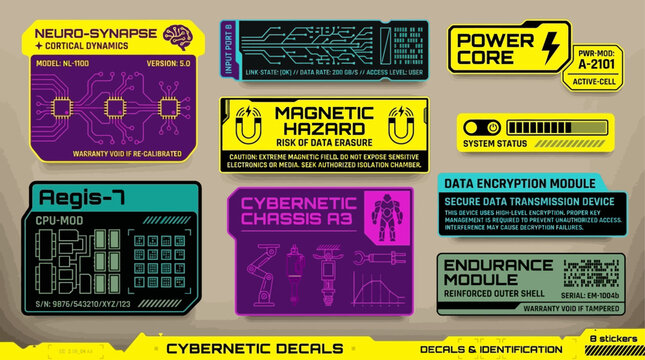 Vector graphics of various futuristic cybernetic decals and labels on a metallic background