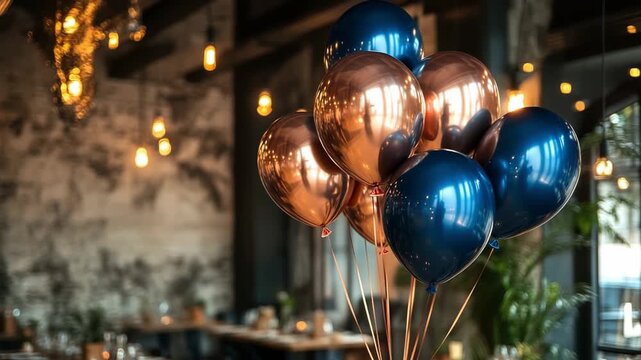 Blue and copper metallic balloons in loft restaurant interior, elegant birthday decoration, festive party setup, event design.