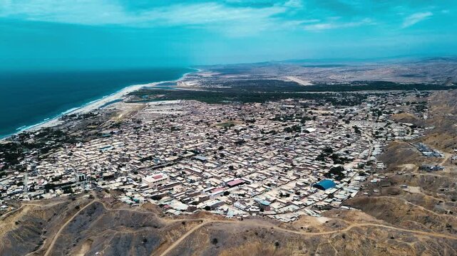 Drone View of Ecuador Coastal City Beside Pacific Ocean, Dense Urban Blocks, Dry Hills, Beachfront Road and Scenic South American Seascape