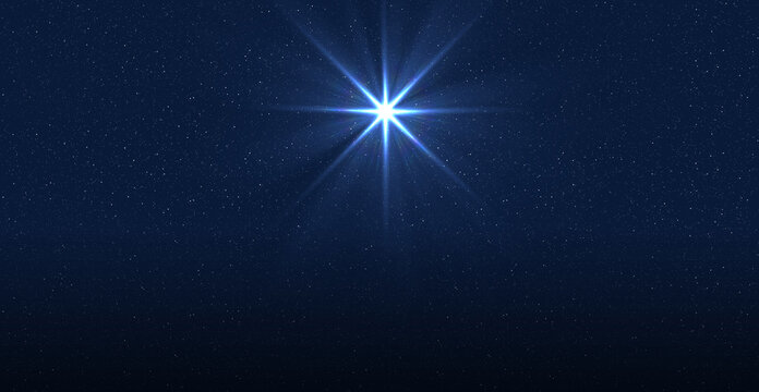 The birth of Christ, Christmas star of the Nativity of Bethlehem, Nativity of Jesus Christ. Background of the beautiful dark blue starry sky and bright star.