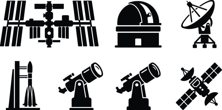 Space station and observatory silhouette collection, aerospace technology and launchpad vector set, satellite and antenna space exploration symbols, minimalist astronomy and science icons isolated