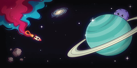 Turquoise Ringed Planet with Comet in Deep Space Illustration © mahabubmorshed