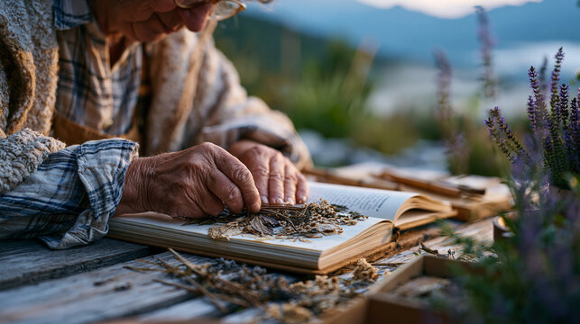 Retired botanist pressing dried plant specimen into journal at outdoor wooden table dawn mist rising from valley nature exposure aging stress cortisol reduction parasympathetic healing physiological