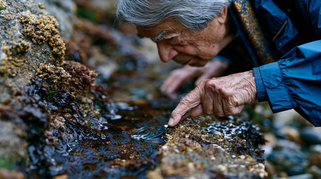 Retired marine biologist pressing magnifying glass against tide pool edge studying anemones nature exposure aging immune system parasympathetic nervous system outdoor coastal healing early morning m