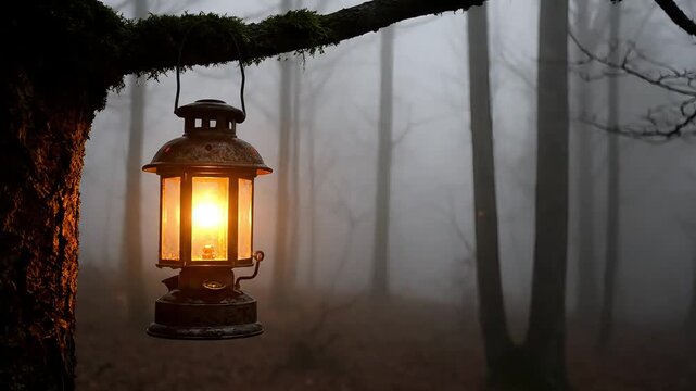 A vintage lantern glows softly in a foggy forest setting.