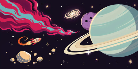 Ringed Planet and Comet Colorful Outer Space Illustration © mahabubmorshed