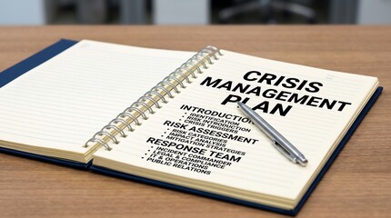 Fototapeta premium Crisis Management Plan document in spiral notebook, corporate risk assessment and response team strategy, business emergency planning concept
