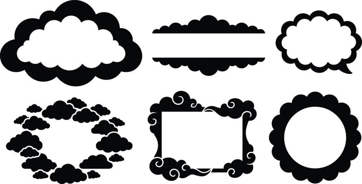 Cloud frame silhouette collection, fluffy speech bubble vector set, cloud shaped borders and frames for text, minimalist sky cloud message boxes, decorative weather cloud frames isolated