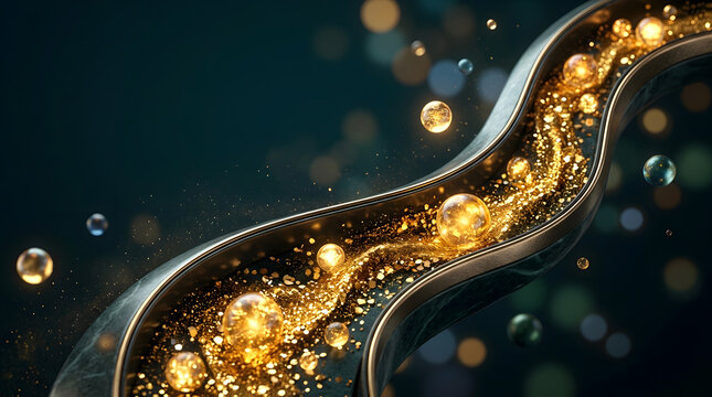 Golden dna strand with glowing orbs and particles on a dark teal background