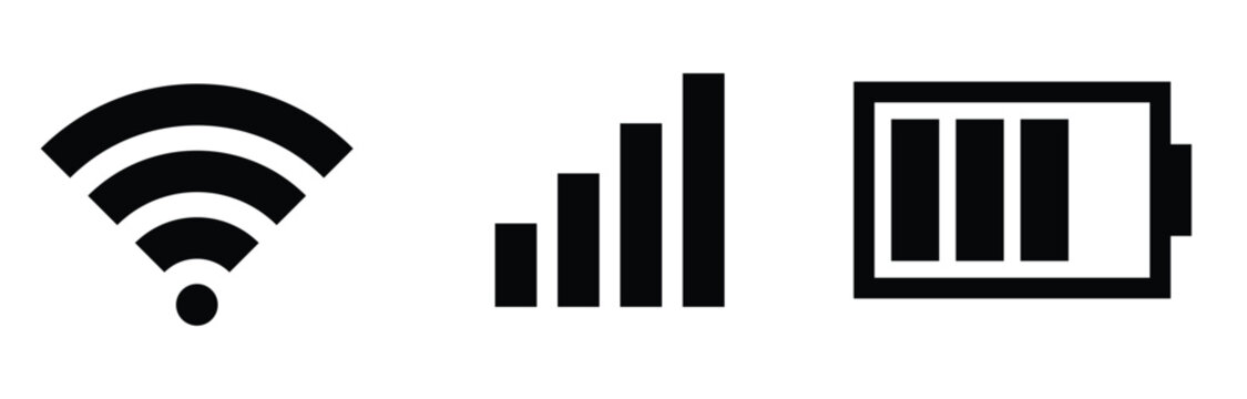 Mobile phone status bar icons set including wifi signal cellular network strength and full battery level for user interface design