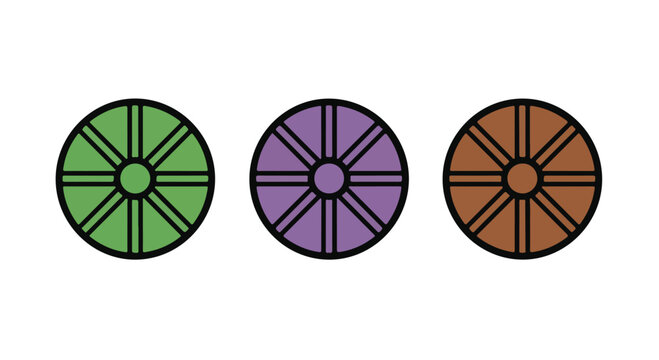 Three colorful circular discs with radial spokes in green, purple, and brown.