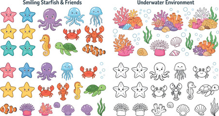 Under the Sea Vector Bundle with Cute Marine Animals Starfish Octopus Crab Seaweed and Coral Reef Elements in Color and Line Art Style © Md
