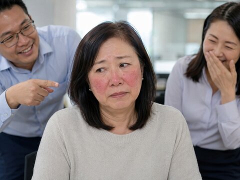 顔の赤みをからかわれ困惑する50代後半の男性
