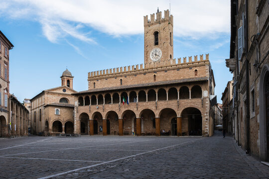 View of Piazza del Popolo, the historic main square in Offida, Italy, featuring traditional architecture and the charming atmosphere of an Italian hill town Marche.