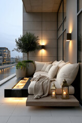 Fototapeta premium Modern balcony with cozy sofa, soft cushions, warm lighting, potted plant, lanterns, and city waterfront view at blue hour, inviting atmosphere