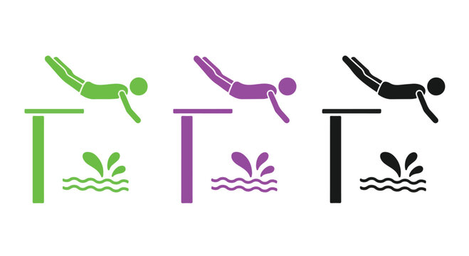 Three stylized divers performing splashy jumps into water in green, purple, and black triptych design.