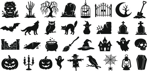 Obraz premium Spooky Halloween Silhouette Icon Set with Pumpkin Ghost Witch Hat Skull Haunted House and Cemetery Symbols for Seasonal Party Greeting Card Vector Designs