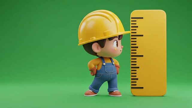 Cute 3D cartoon boy wearing a yellow hard hat standing with a giant ruler.