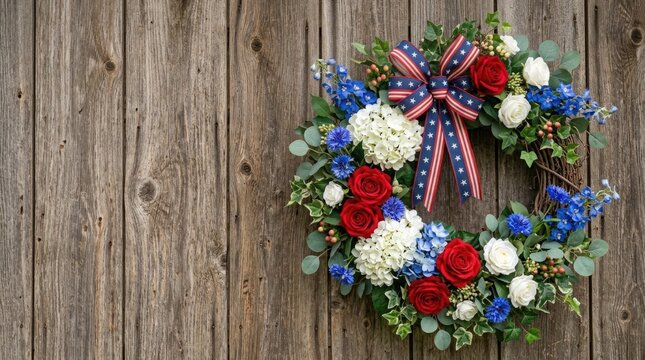 Patriotic wreath for veterans day with red roses white hydrangeas and blue flowers on wooden background