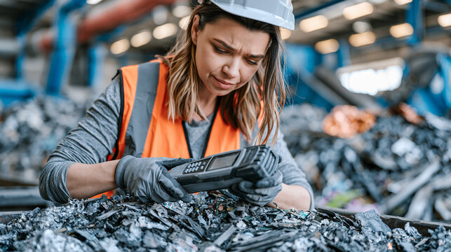 Urban mining metallurgist uses handheld X-ray fluorescence analyzer to assess precious metal concentrations in shredded printed circuit board material at an e-waste recovery sorting facility where a