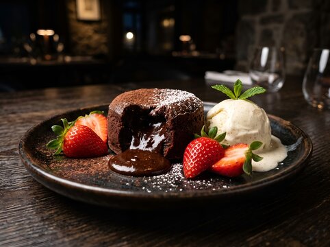 Chocolate Lava Cake With Strawberries And Vanilla Ice Cream Dark Restaurant Setting
