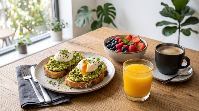 Avocado Toast Breakfast With Berries And Orange Juice Scenic Photo