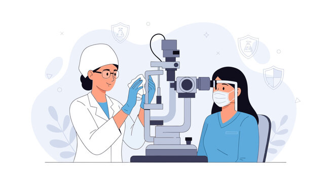 Ophthalmologist Examining Patient's Eyes with Slit Lamp Microscope, Modern Healthcare Illustration
