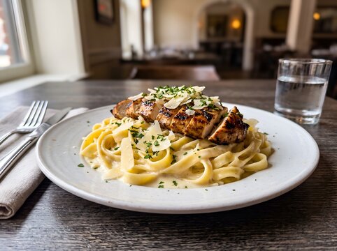 Fettuccine Alfredo with grilled chicken creamy sauce and parmesan cheese