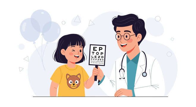 Ophthalmologist Examining Young Girl's Eyesight with Eye Chart - Vector Illustration