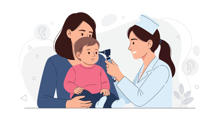 Fototapeta premium Pediatrician Examines Baby's Ear with Otoscope, Mother Holds Child, Medical Consultation, Healthcare Concept