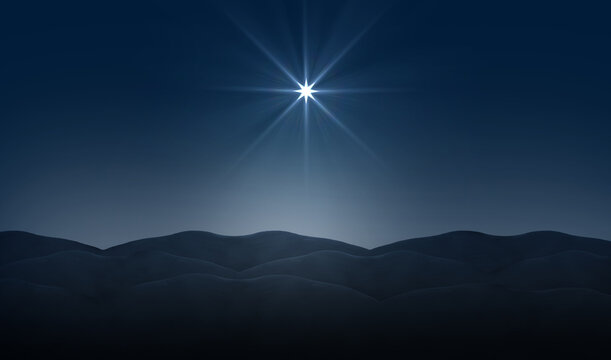 Birth of Christ, Christmas star of the Nativity of Bethlehem, Nativity of Jesus Christ. Background of the beautiful dark blue starry sky and bright star.